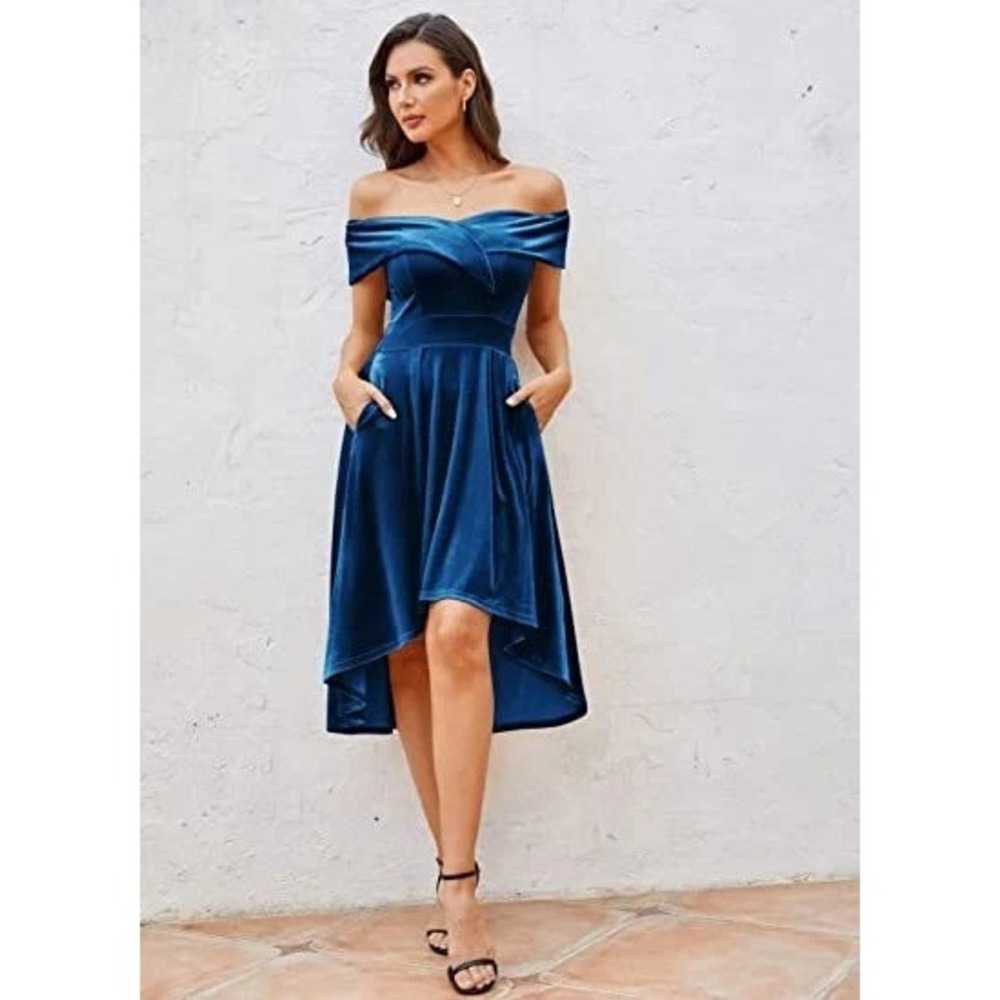 JASAMBAC Women's Off Shoulder High Low A Line Wedding Guest Party Cocktail Dress